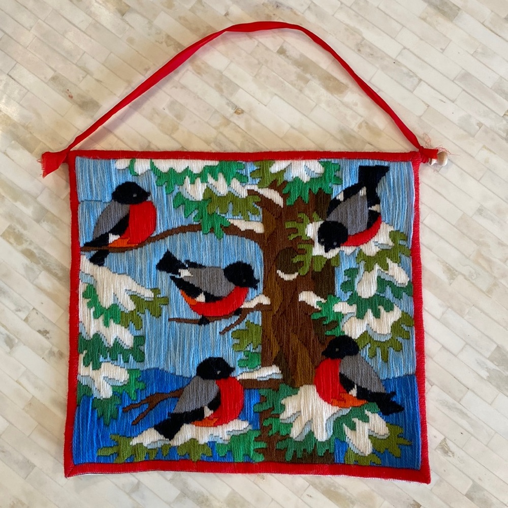 Vintage Scandinavian Hand Crafted Folk Fiber Art Birds on Tree Branches